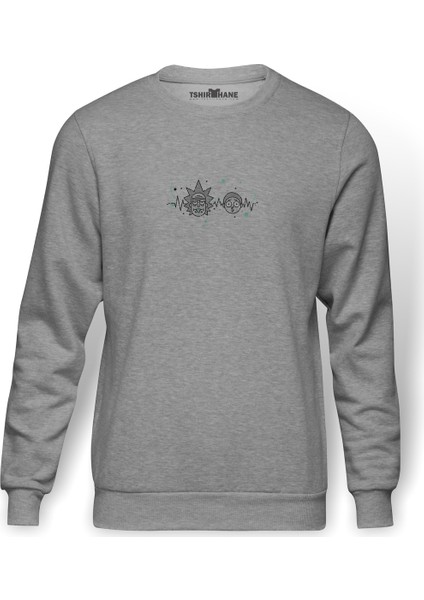 Dribbble Rickmorty Baskılı Gri Erkek Örme Sweatshirt Uzun Kol