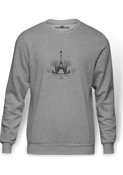 Eiffel Tower Paris Illustration Eiffel Tower Baskılı Gri Erkek Örme Sweatshirt Uzun Kol