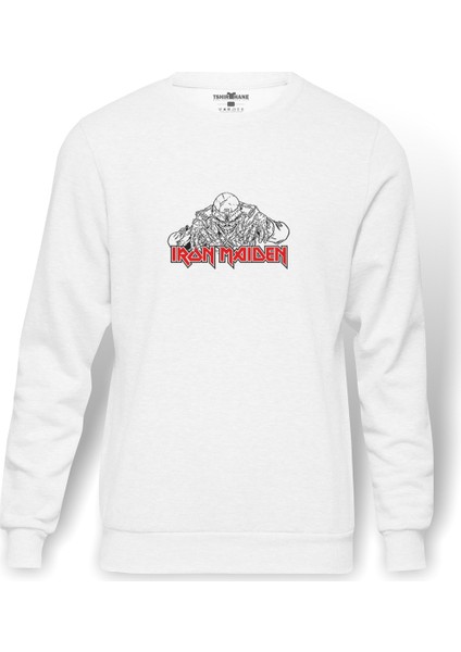 Iron Maıden Eddıe On Logo Rock Baskılı Beyaz Erkek Örme Sweatshirt Uzun Kol