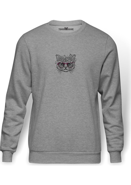 Ele Bir Çelenk Çiçek Giymiş Kedi Baskılı Gri Erkek Örme Sweatshirt Uzun Kol