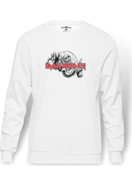 Iron Maıden Number Of The Beast Baskılı Beyaz Erkek Örme Sweatshirt Uzun Kol
