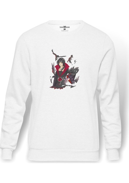 Itachı Uchıha Baskılı Beyaz Erkek Örme Sweatshirt Uzun Kol