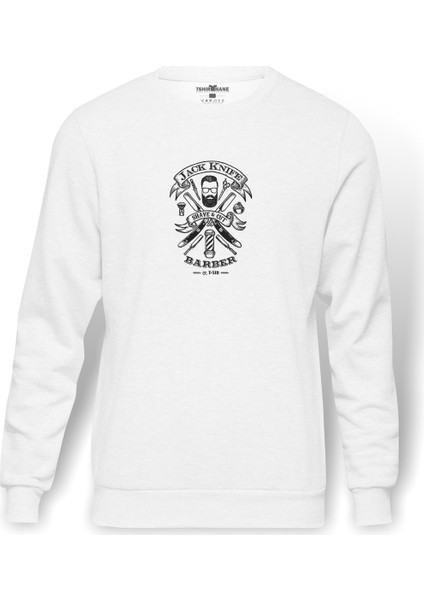 Jack Knife Barber Shop Design Oscar Baskılı Beyaz Erkek Örme Sweatshirt Uzun Kol