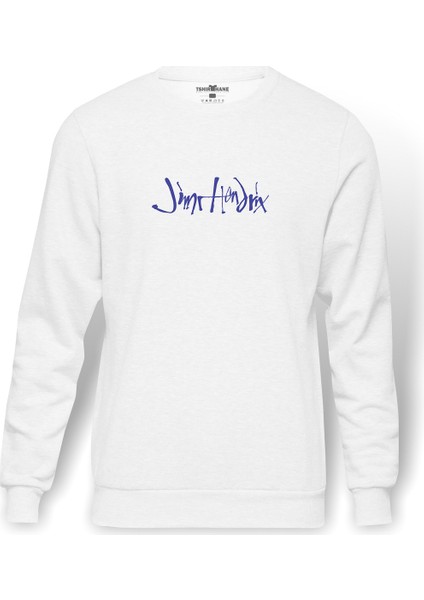 Jimi Hendrix Logo 2 Baskılı Beyaz Erkek Örme Sweatshirt Uzun Kol