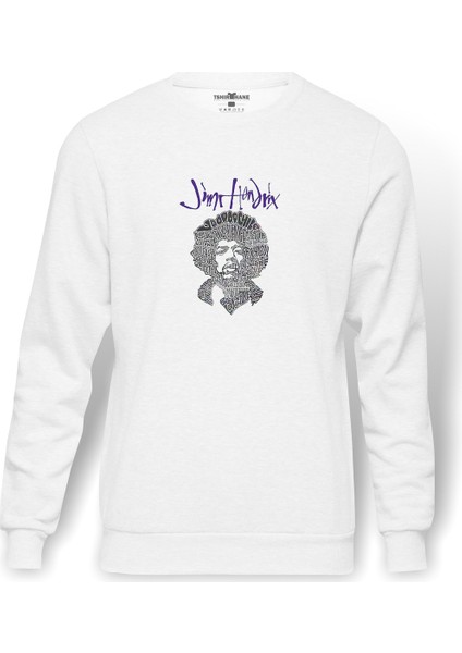 Jımı Hendrıx 1 Baskılı Beyaz Erkek Örme Sweatshirt Uzun Kol