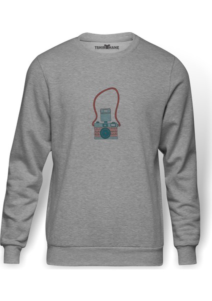Etnik Renk Fotoğraf Makinesi Baskılı Gri Erkek Örme Sweatshirt Uzun Kol
