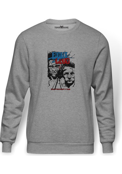 Fıght Club Rock Baskılı Gri Erkek Örme Sweatshirt Uzun Kol