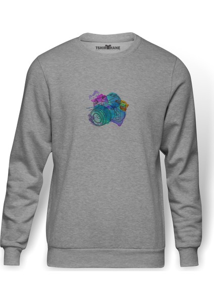 Fotoğraf Makinesi Renkli Suluboya Çalışması Baskılı Gri Erkek Örme Sweatshirt Uzun Kol