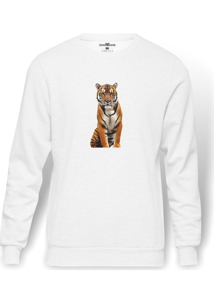 Kaplan Bali Kaplan Bengal Kaplan Sumatra Baskılı Beyaz Erkek Örme Sweatshirt Uzun Kol