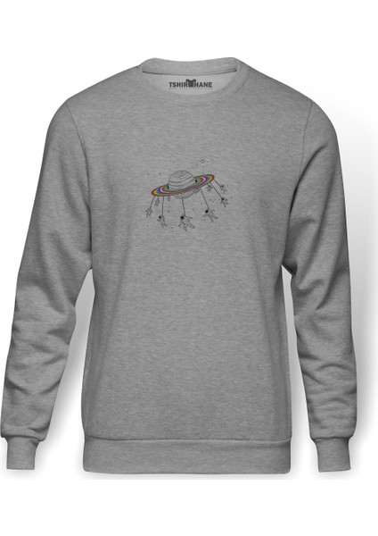 Freeuse Planetas Planet Planeta Rainbow Baskılı Gri Erkek Örme Sweatshirt Uzun Kol