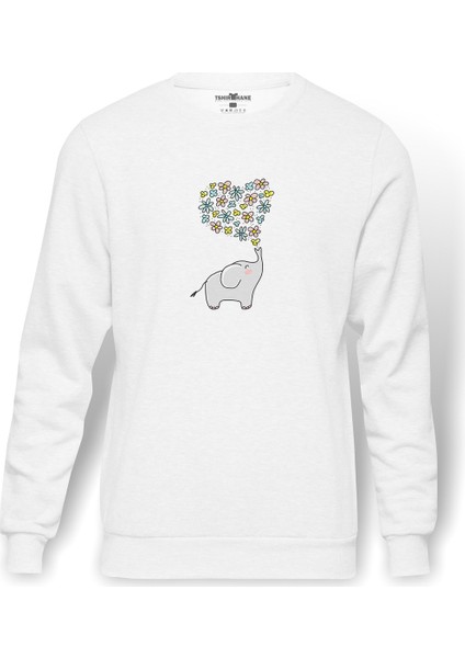 Kawaii Baby Elephants 2 Baskılı Beyaz Erkek Örme Sweatshirt Uzun Kol