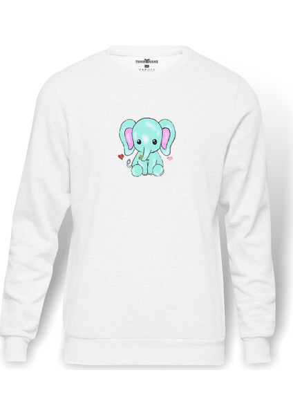 Kawaii Baby Elephants Baskılı Beyaz Erkek Örme Sweatshirt Uzun Kol