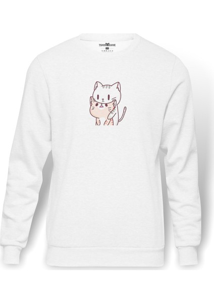 Kawaii Cat Kedi Baskılı Beyaz Erkek Örme Sweatshirt Uzun Kol