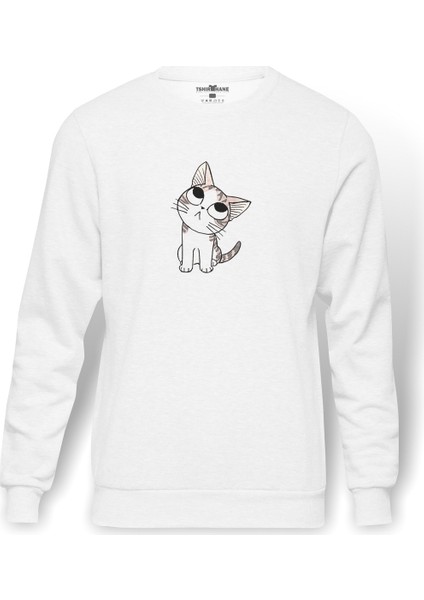 Kawaii Cat Şaşkın Kedi Baskılı Beyaz Erkek Örme Sweatshirt Uzun Kol