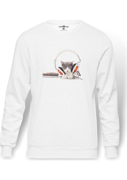 Kedi Cat Phone Müzik Kulaklık Baskılı Beyaz Erkek Örme Sweatshirt Uzun Kol