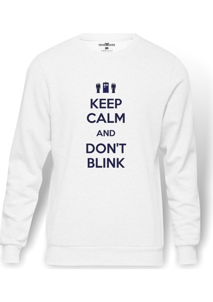 Keep Calm And Don'T Blink Baskılı Beyaz Erkek Örme Sweatshirt Uzun Kol