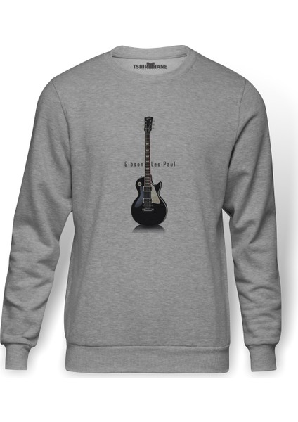 Gibson Les Paul Wallpaper Slash Metal Baskılı Gri Erkek Örme Sweatshirt Uzun Kol