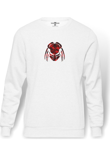 Kırmızı Ve Siyah Kamuflaj Predator Illüstrasyon Baskılı Beyaz Erkek Örme Sweatshirt Uzun Kol