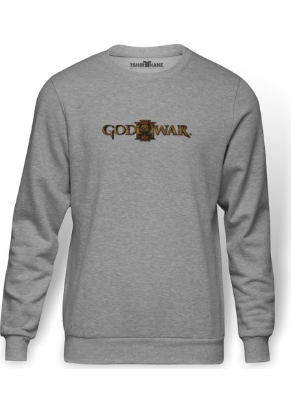 God Of War Logo Baskılı Gri Erkek Örme Sweatshirt Uzun Kol