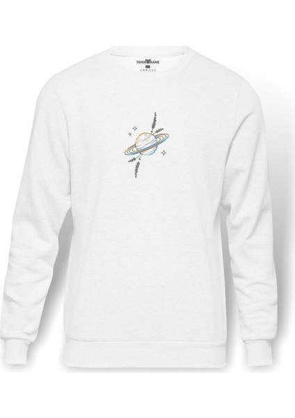 Kiss Drawing Planet Image Tattoo Glitch Baskılı Beyaz Erkek Örme Sweatshirt Uzun Kol
