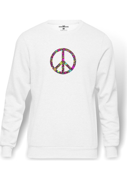 Kiss Peace Symbols Love Peace T Baskılı Beyaz Erkek Örme Sweatshirt Uzun Kol