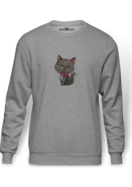 Gri Kedi Illüstrasyon Siyam Kedisi Kitten Baskılı Gri Erkek Örme Sweatshirt Uzun Kol