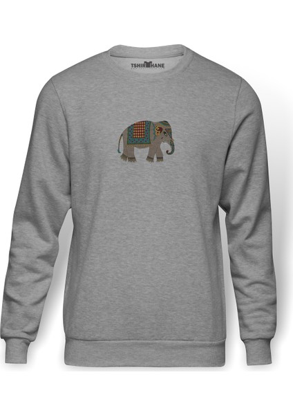 Gri Ve Renkli Fil Sanat Hintli Baskılı Gri Erkek Örme Sweatshirt Uzun Kol