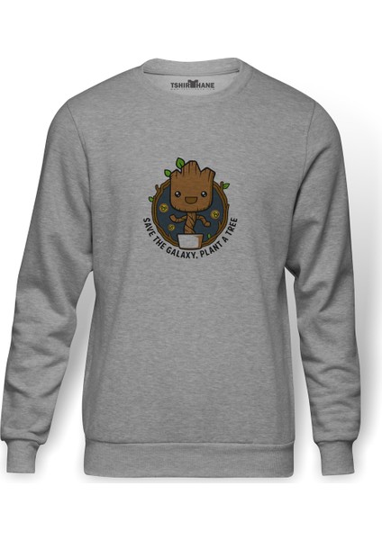 Groot Pattern Galaxy Plant Baskılı Gri Erkek Örme Sweatshirt Uzun Kol