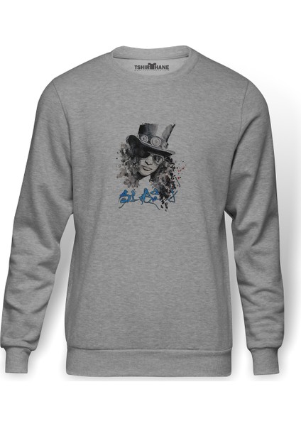 Guns N Roses Slash Watercolor Baskılı Gri Erkek Örme Sweatshirt Uzun Kol