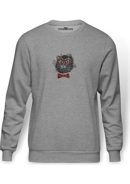 Hipster Cat Vector Cheerful Fashionable Mustache Baskılı Gri Erkek Örme Sweatshirt Uzun Kol