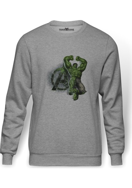 Hulk A Baskılı Gri Erkek Örme Sweatshirt Uzun Kol