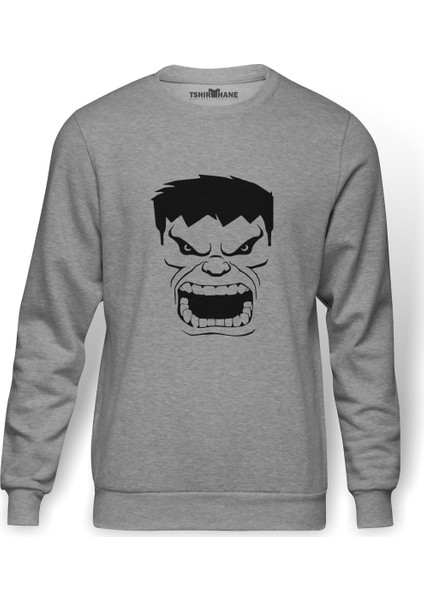 Hulk Öfkeli Baskılı Gri Erkek Örme Sweatshirt Uzun Kol