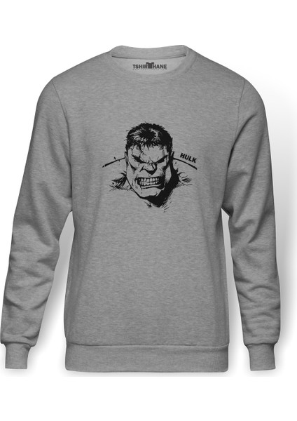 Hulk Sinirli Baskılı Gri Erkek Örme Sweatshirt Uzun Kol