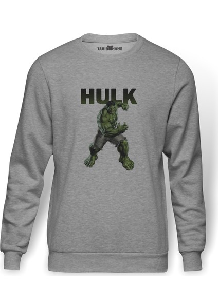 Hulk Baskılı Gri Erkek Örme Sweatshirt Uzun Kol