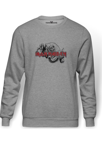 Iron Maıden Number Of The Beast Baskılı Gri Erkek Örme Sweatshirt Uzun Kol