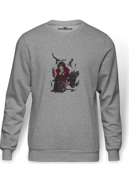 Itachı Uchıha Baskılı Gri Erkek Örme Sweatshirt Uzun Kol