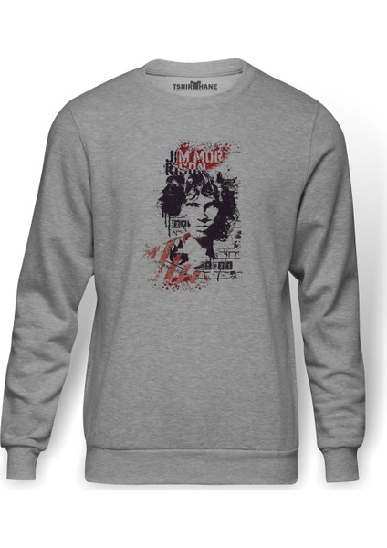 Jım Morrıson Club 27 Baskılı Gri Erkek Örme Sweatshirt Uzun Kol