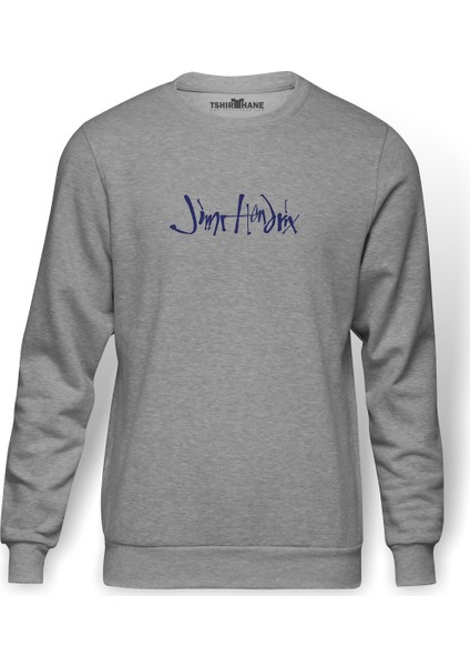 Jimi Hendrix Logo 2 Baskılı Gri Erkek Örme Sweatshirt Uzun Kol