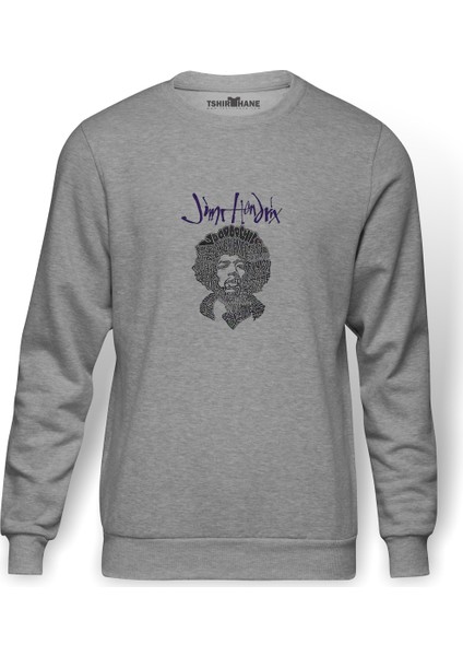 Jımı Hendrıx 1 Baskılı Gri Erkek Örme Sweatshirt Uzun Kol
