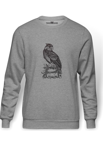 Kafatası Resimde Tıraşlama Gri Kuş Yırtıcı Baskılı Gri Erkek Örme Sweatshirt Uzun Kol