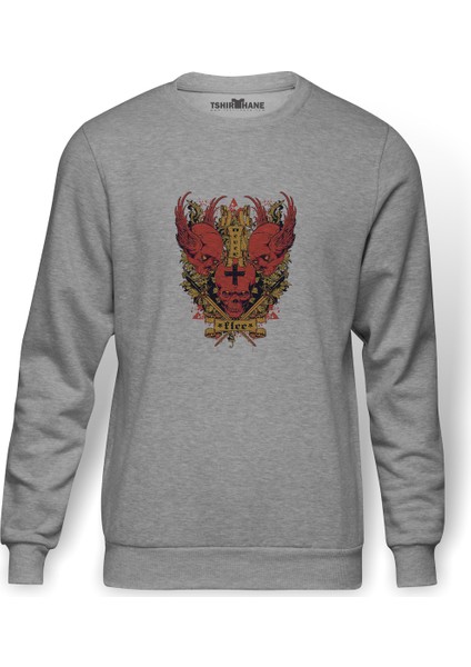 Kanatları Illüstrasyon Ile Üç Kafatası Abziehtattoo Baskılı Gri Erkek Örme Sweatshirt Uzun Kol