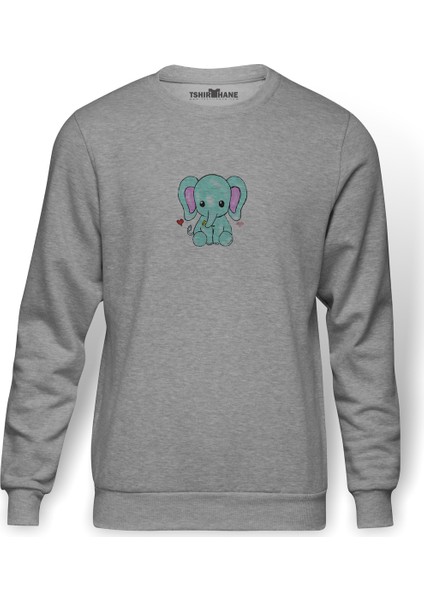Kawaii Baby Elephants Baskılı Gri Erkek Örme Sweatshirt Uzun Kol