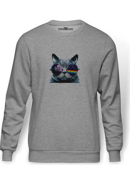 Kedi Cat Phone Müzik Baskılı Gri Erkek Örme Sweatshirt Uzun Kol