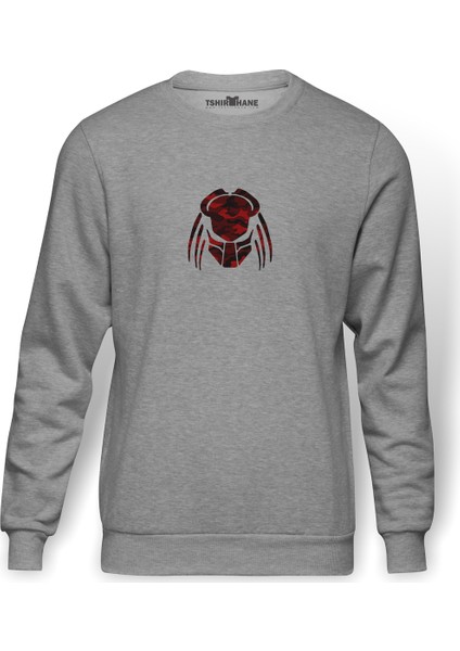 Kırmızı Ve Siyah Kamuflaj Predator Illüstrasyon Baskılı Gri Erkek Örme Sweatshirt Uzun Kol