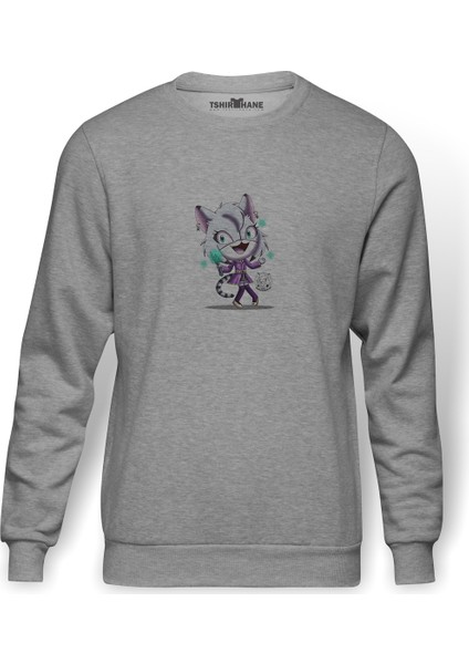Kiss Cat Technology Baskılı Gri Erkek Örme Sweatshirt Uzun Kol