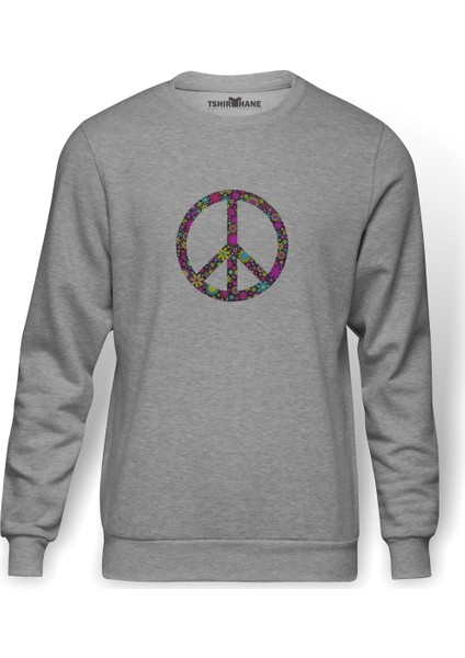 Kiss Peace Symbols Love Peace T Baskılı Gri Erkek Örme Sweatshirt Uzun Kol