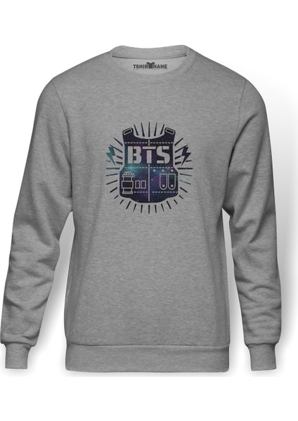 K Pop Bts Logo Koreli Grup Baskılı Gri Erkek Örme Sweatshirt Uzun Kol