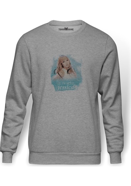 K Pop Ice Princess Jessica Baskılı Gri Erkek Örme Sweatshirt Uzun Kol