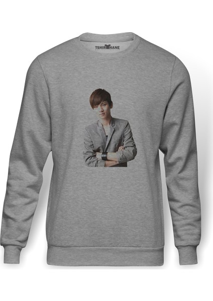 Kpop Key Shinee 2 Baskılı Gri Erkek Örme Sweatshirt Uzun Kol