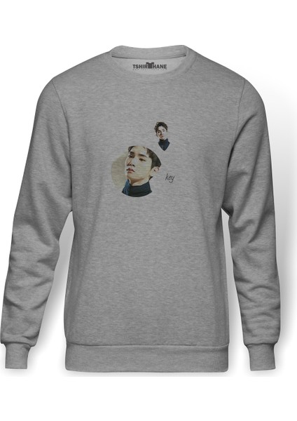 K Pop Key Shinee Baskılı Gri Erkek Örme Sweatshirt Uzun Kol